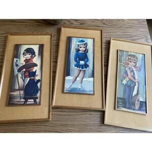 Vintage 1960s ‘Big Eye’ Eden Paintings Wood Framed Painting Set Of 3